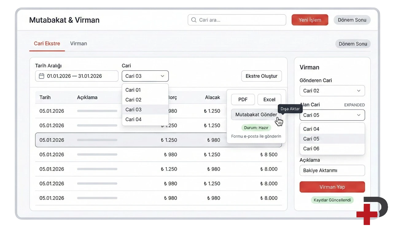 Ekstre oluşturma ve cariler arası virman: Cari Plus’ta cari hesap ekstresi, mutabakat ve hesaplar arası virman işlemi