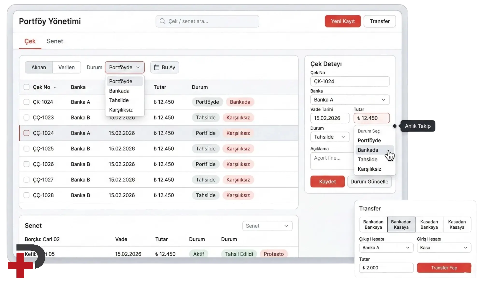 Çek ve senet portföyü: Cari Plus panelinde alınan ve verilen çek/senet kayıtları, vade ve durum takibi