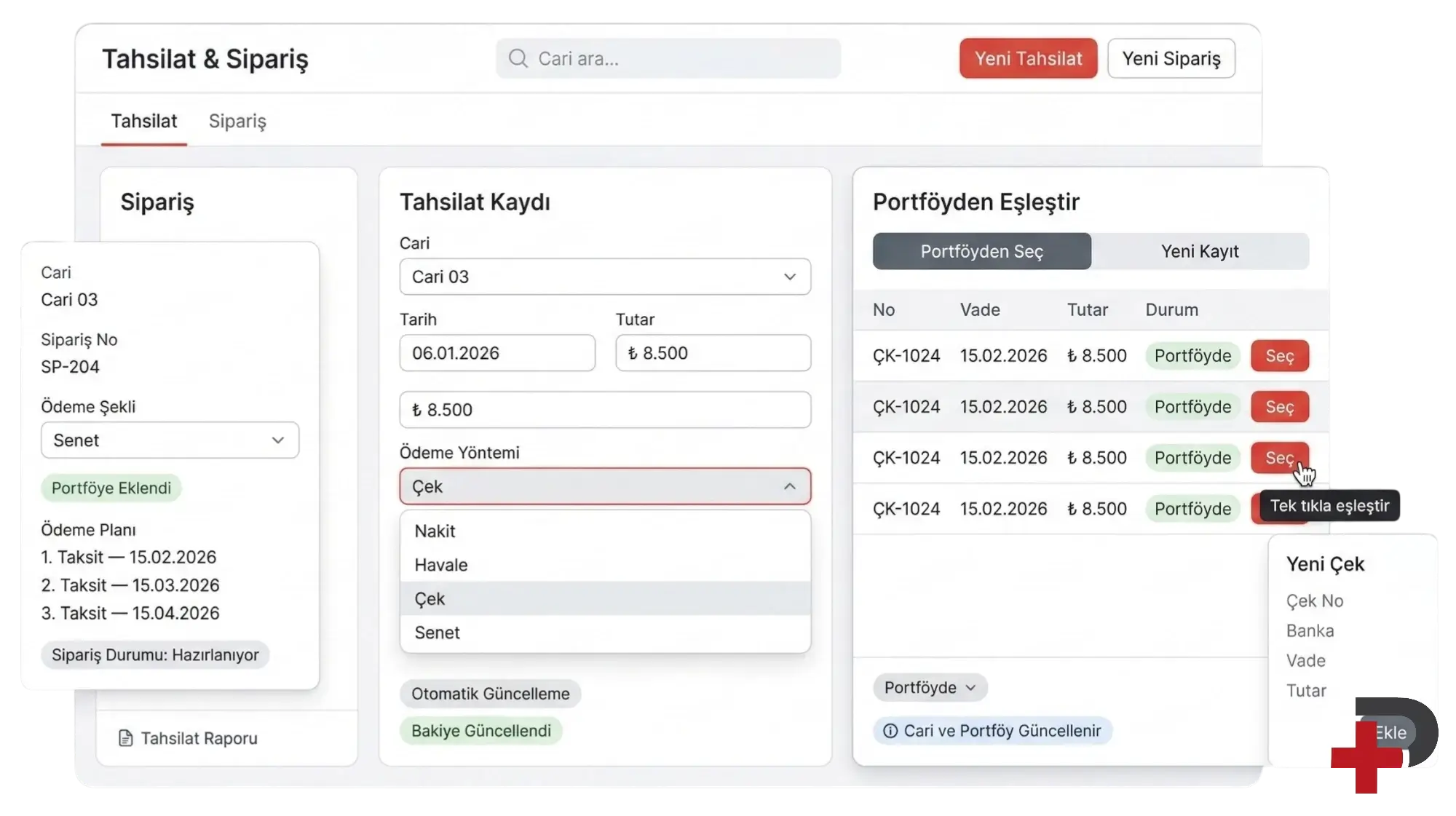 Tahsilat ve sipariş süreçlerinde çek ve senet: Cari Plus ekranında tahsilat ve siparişe çek/senet bağlama
