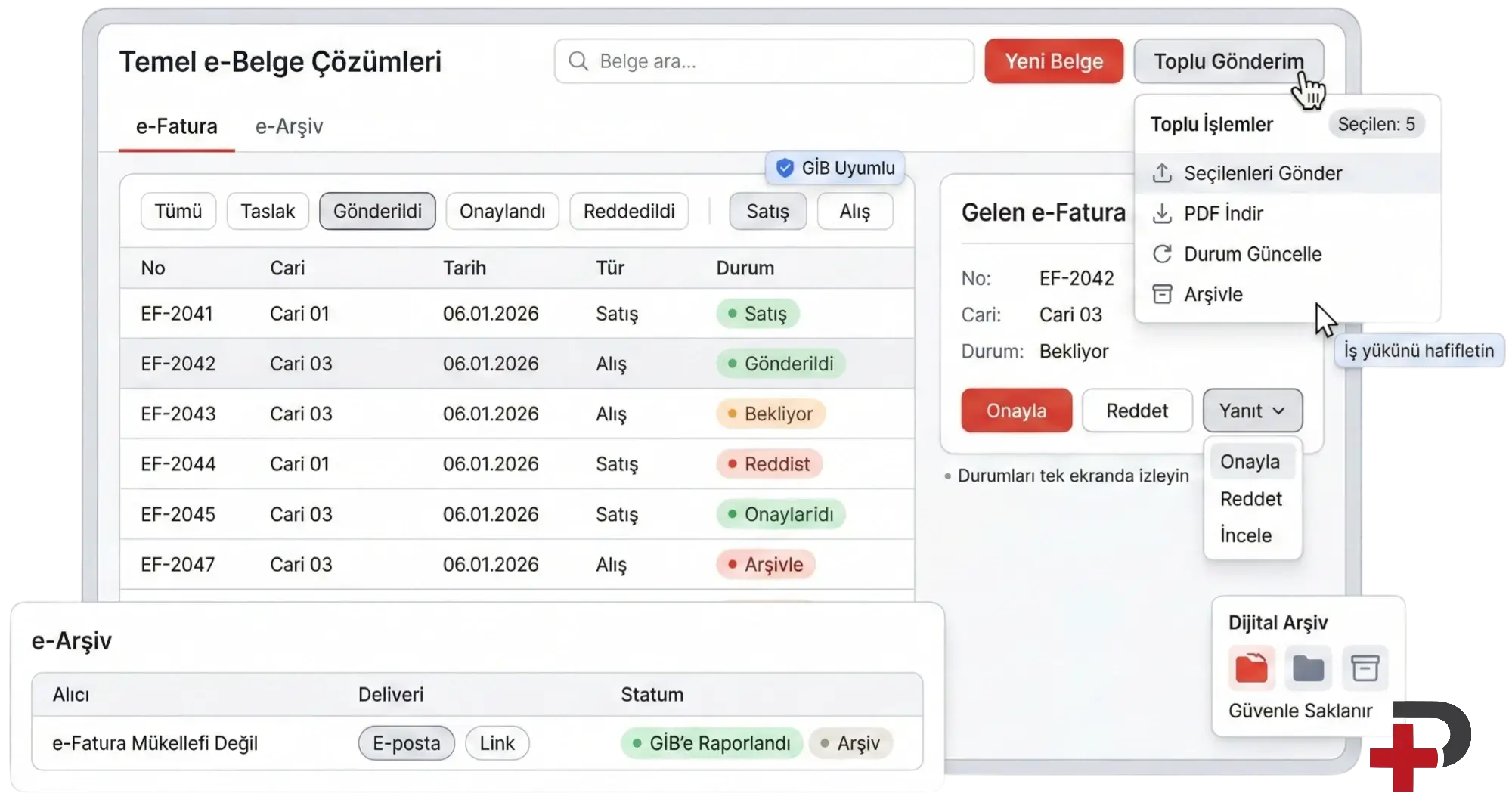 e-Fatura ve e-Arşiv programı: Cari Plus ön muhasebe panelinde UBL-TR belge oluşturma, GİB'e gönderim, gelen e-fatura onay ve arşiv