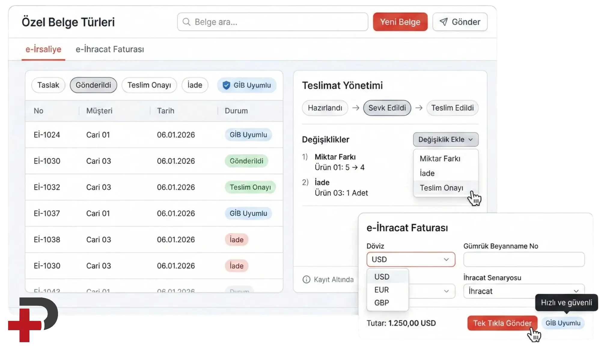 e-İrsaliye ve e-İhracat faturası: Cari Plus'ta GİB uyumlu dijital sevk irsaliyesi, ihracat senaryosu ve dövizli faturalama