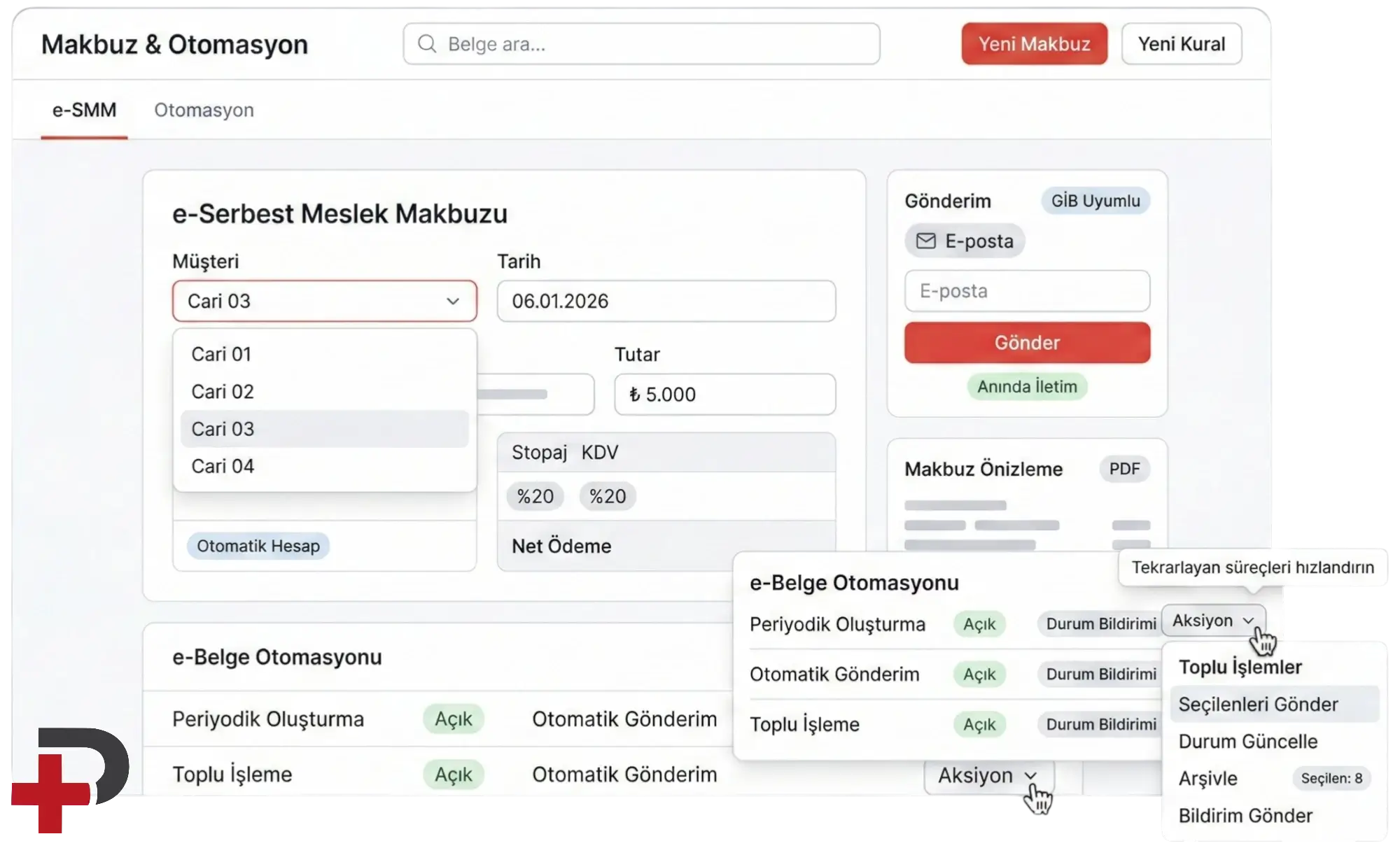 e-Serbest Meslek Makbuzu ve e-belge otomasyonu: Cari Plus'ta e-SMM düzenleme, stopaj ve KDV, periyodik ve toplu belge süreçleri