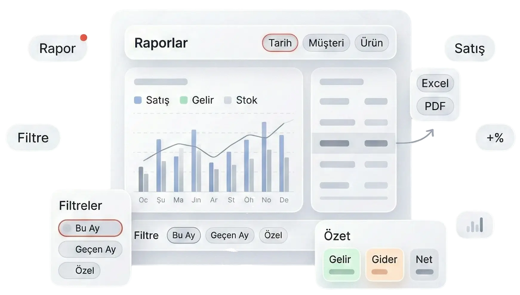 Cari Plus raporlama ve analiz — gelir gider raporu ekranı