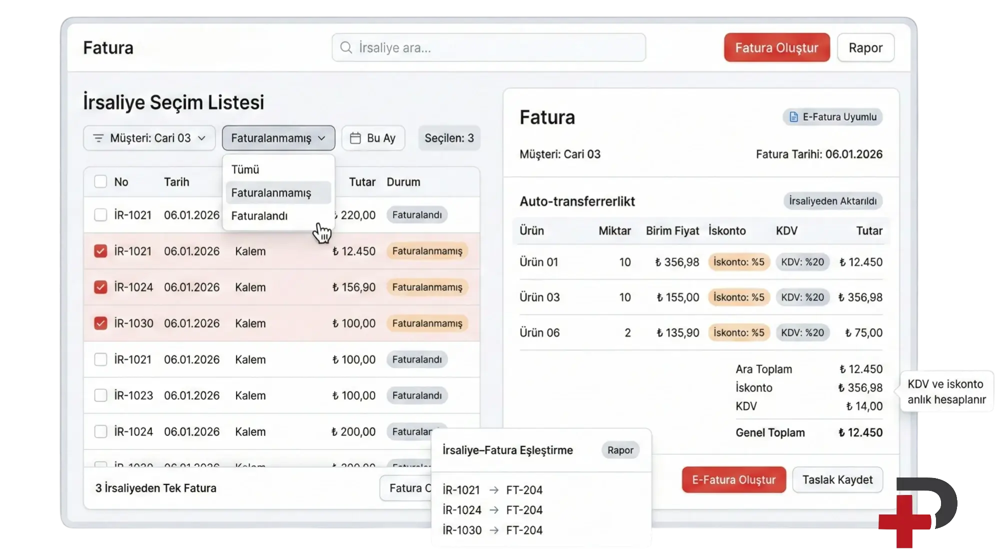 İrsaliyeden faturaya geçiş: Cari Plus’ta çoklu irsaliyeden tek fatura, irsaliye-fatura eşleştirme ve e-Fatura uyumu