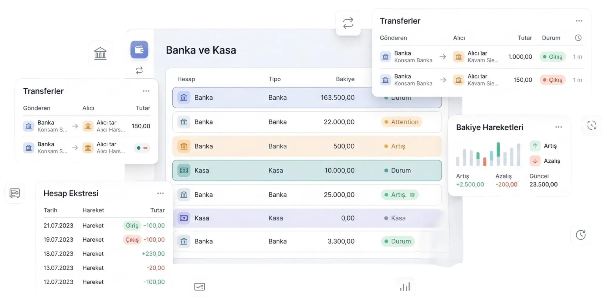 Cari Plus banka ve kasa yönetimi — çok hesaplı bakiye takip ekranı