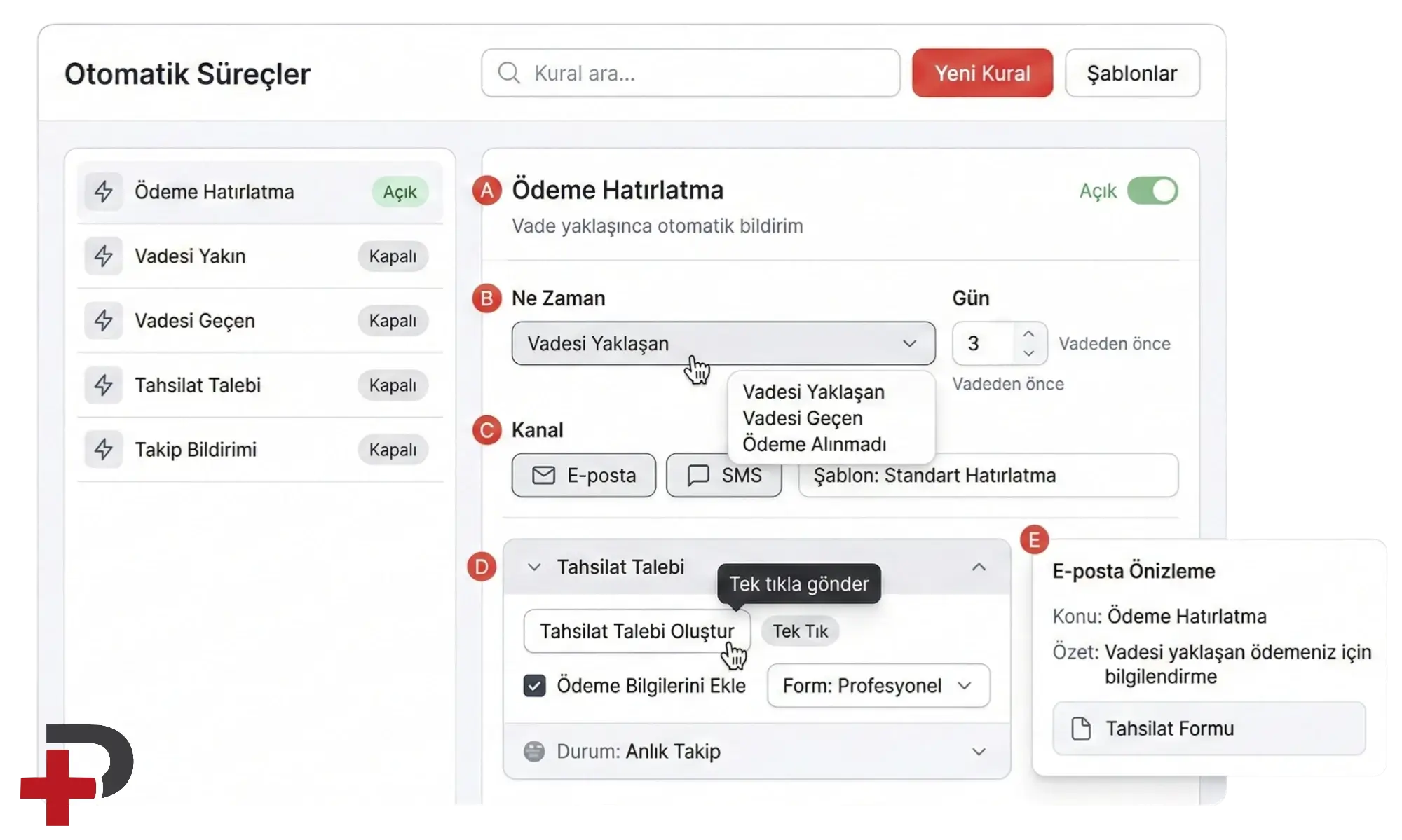 Otomatik ödeme hatırlatma ve tahsilat: Cari Plus ekranında vade hatırlatmaları, tahsilat talebi ve bildirim süreçleri