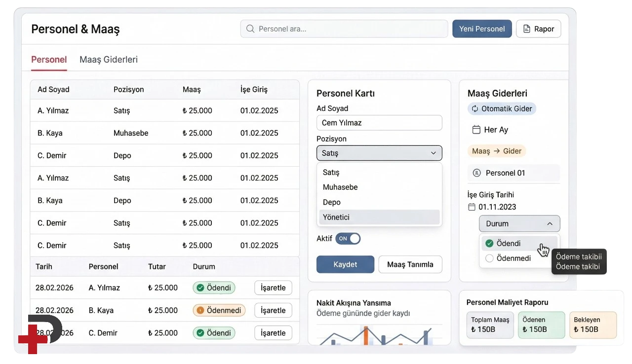 Personel bilgileri ve maaş gider takibi: Cari Plus panelinde personel kartı, maaş tanımı ve otomatik gider yansıması