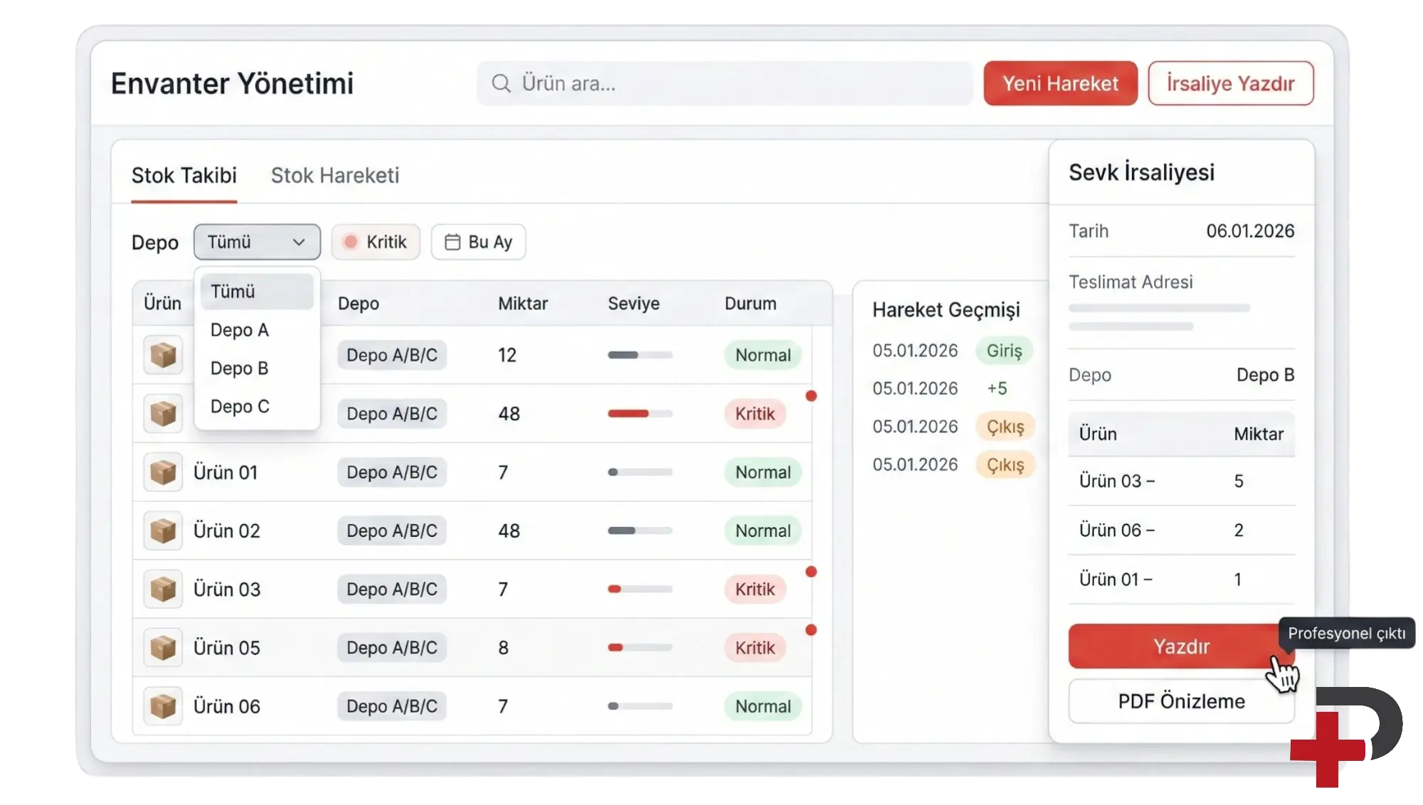 Stok takibi ve stok hareketi: Cari Plus envanter ekranı, depo dağılımı, kritik stok uyarısı ve sevk irsaliyesi yazdırma