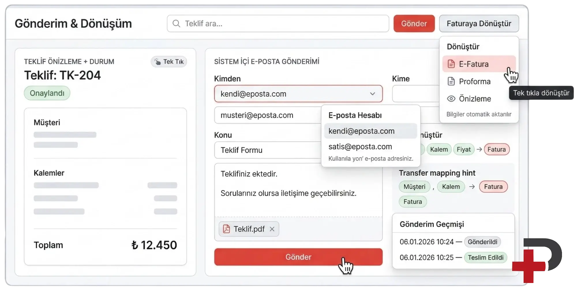 Sistem içi e-posta ve tekliften faturaya: Cari Plus’ta gönderim geçmişi ve onaylı teklifin e-Fatura veya proformaya aktarımı