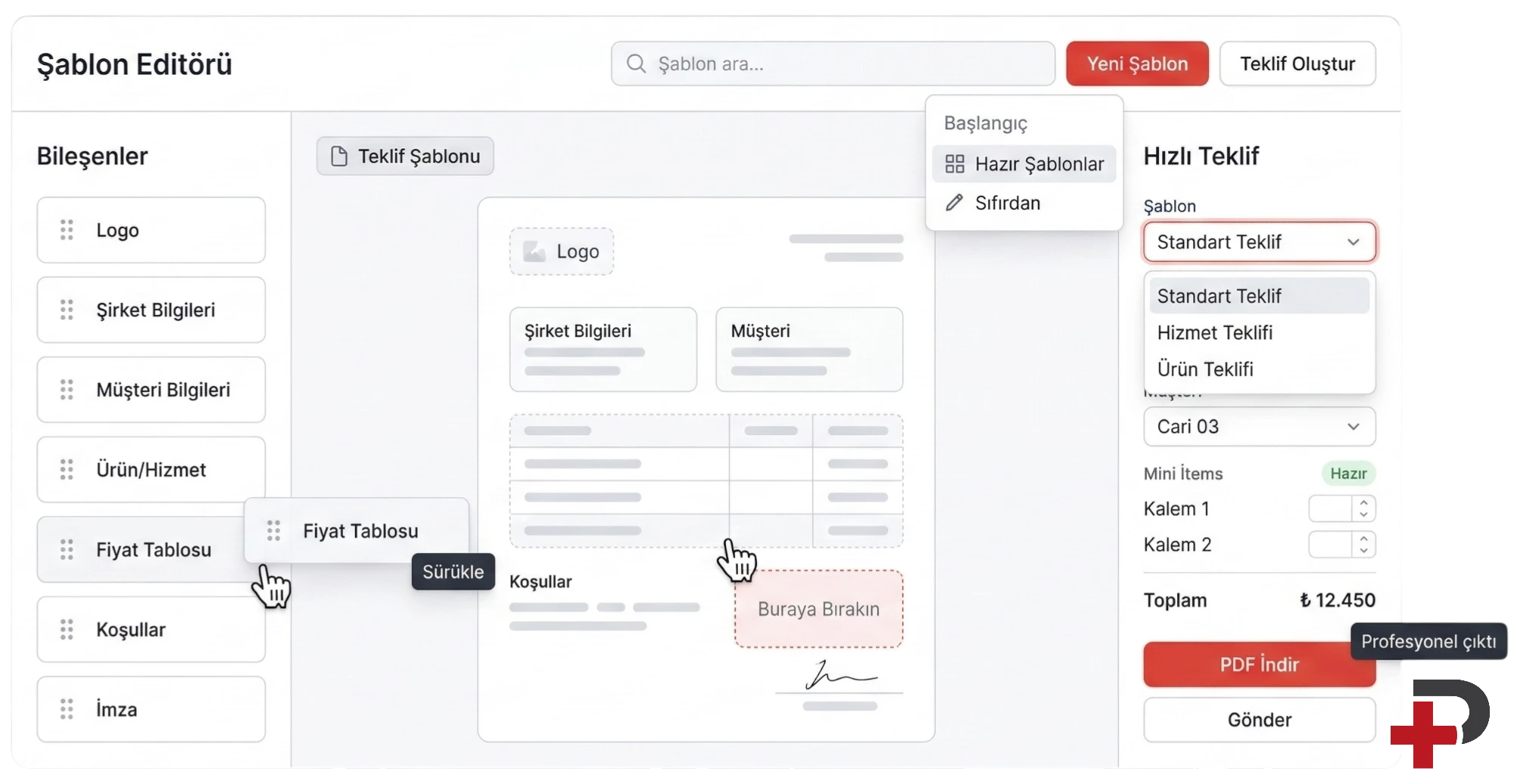 Sürükle-bırak teklif şablonu tasarımı: Cari Plus editöründe logo, kalem alanları ve fiyat tablosu
